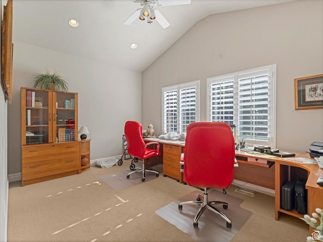 5767 S Erekson Ln, Murray, UT 84107 - office featuring ceiling fan, carpet floors, recessed lighting, and high vaulted ceiling