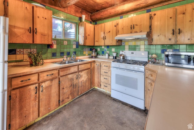 7020 E Creekside Ln, Castle Valley, UT 84532 - kitchen with white appliances, under cabinet range hood, a sink, wood ceiling, and concrete flooring