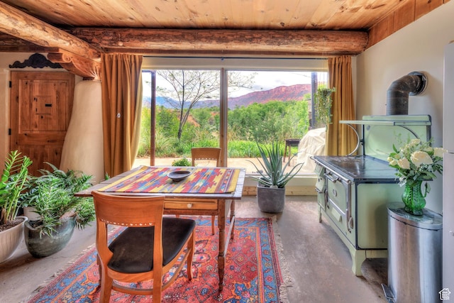 7020 E Creekside Ln, Castle Valley, UT 84532 - dining area with wood ceiling, a wood stove, concrete flooring, and a mountain view