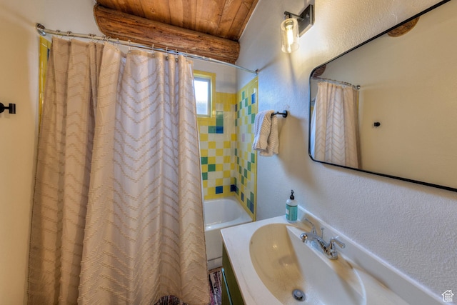 7020 E Creekside Ln, Castle Valley, UT 84532 - bathroom featuring wooden ceiling, shower / bath combo, and vanity