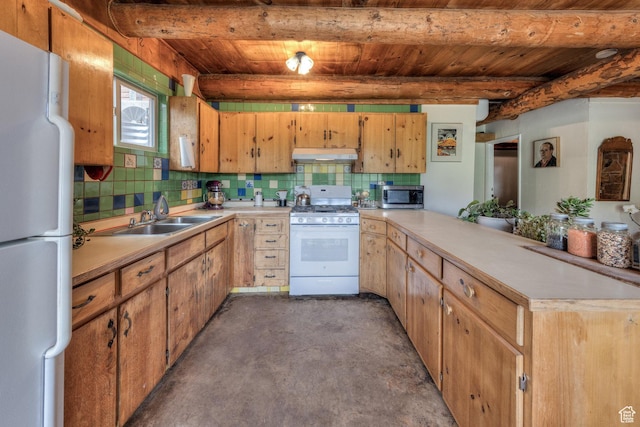 7020 E Creekside Ln, Castle Valley, UT 84532 - kitchen with white appliances, under cabinet range hood, a sink, wooden ceiling with exposed beams, and a peninsula