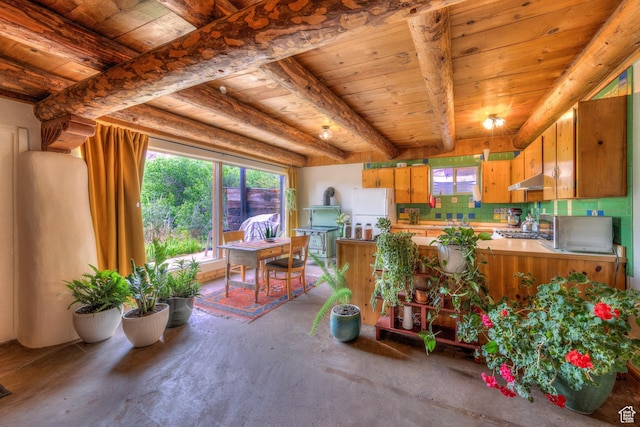 7020 E Creekside Ln, Castle Valley, UT 84532 - kitchen featuring unfinished concrete floors, freestanding refrigerator, wooden ceiling, under cabinet range hood, and light countertops