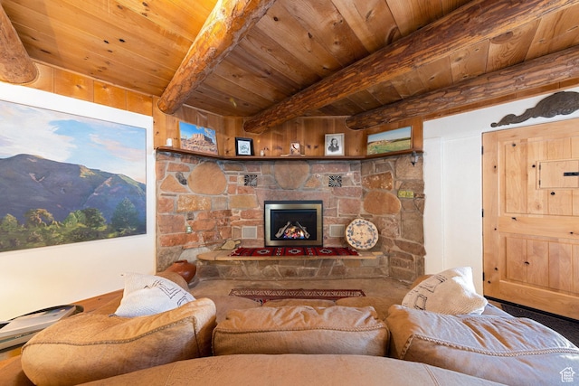 7020 E Creekside Ln, Castle Valley, UT 84532 - living room featuring wooden ceiling with exposed beams and a fireplace