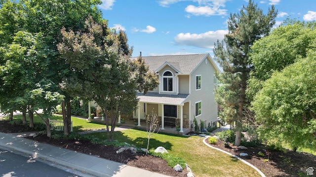 663 N 880 E, Springville, UT 84663 - view of front of home with a shingled roof, a front yard, and covered porch