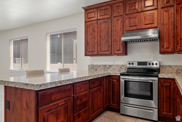 11066 S Becks Ln, South Jordan, UT 84095 - kitchen featuring under cabinet range hood, stainless steel range with electric cooktop, a peninsula, light stone counters, and light tile patterned floors