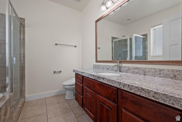 11066 S Becks Ln, South Jordan, UT 84095 - full bathroom featuring vanity, baseboards, tile patterned floors, a shower stall, and toilet