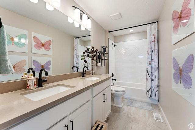 963 W Minuteman Ln, Saratoga Springs, UT 84045 - full bathroom featuring double vanity, shower / tub combo, toilet, recessed lighting, and tile patterned floors