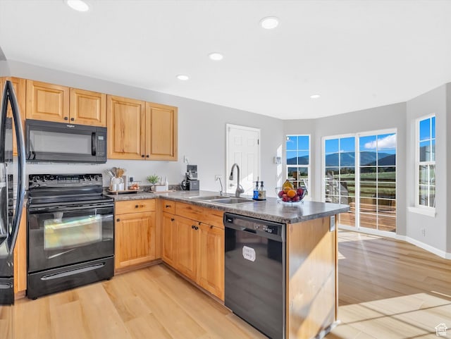 1293 N Buck Run Rd, Rush Valley, UT 84069 - kitchen with black appliances, a sink, a peninsula, light wood-style floors, and recessed lighting