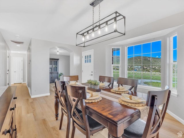 1293 N Buck Run Rd, Rush Valley, UT 84069 - dining area with arched walkways, baseboards, light wood-type flooring, and plenty of natural light