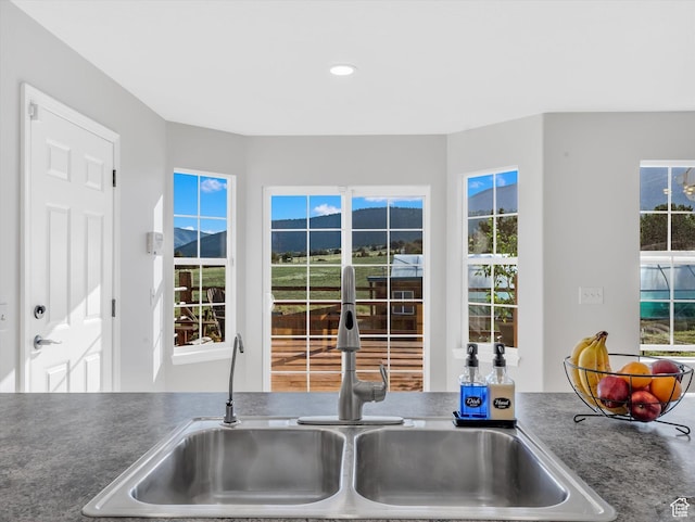 1293 N Buck Run Rd, Rush Valley, UT 84069 - kitchen featuring a sink, a mountain view, and recessed lighting