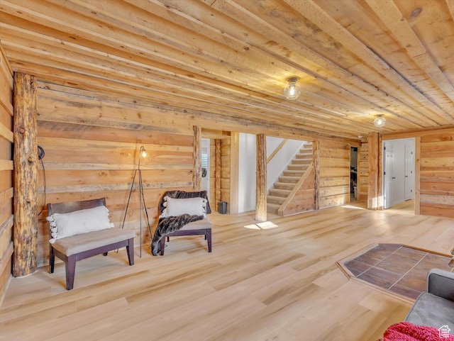 1293 N Buck Run Rd, Rush Valley, UT 84069 - unfurnished room featuring stairs, wood finished floors, wood ceiling, and wood walls