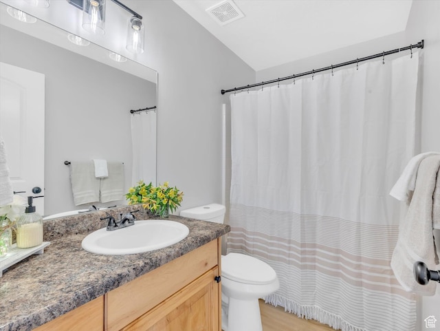 1293 N Buck Run Rd, Rush Valley, UT 84069 - bathroom featuring toilet, vanity, wood finished floors, and curtained shower