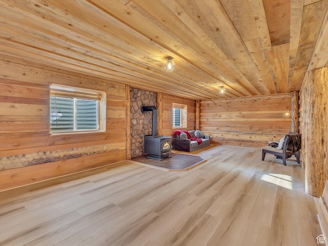 1293 N Buck Run Rd, Rush Valley, UT 84069 - living area with a wood stove, wooden ceiling, wood finished floors, and wooden walls