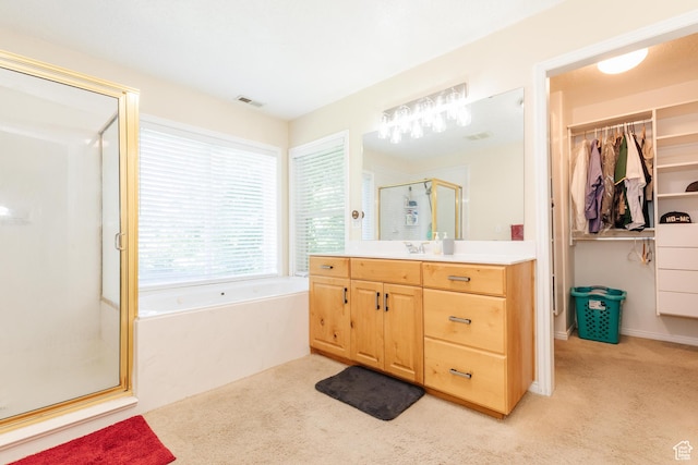 1809 E 1815 N, North Logan, UT 84341 - full bathroom featuring a shower stall, vanity, a garden tub, carpet floors, and a spacious closet