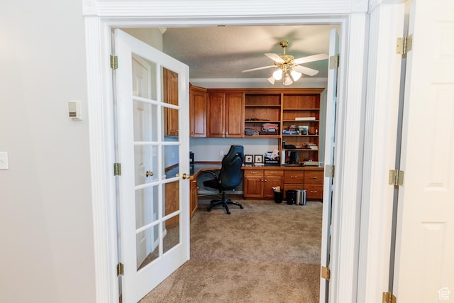 1809 E 1815 N, North Logan, UT 84341 - office space featuring light colored carpet, a ceiling fan, french doors, crown molding, and built in desk