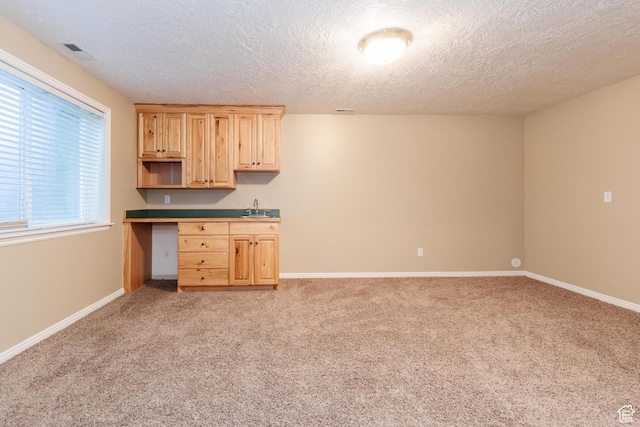 1809 E 1815 N, North Logan, UT 84341 - kitchen featuring light brown cabinetry, a textured ceiling, a sink, light colored carpet, and baseboards