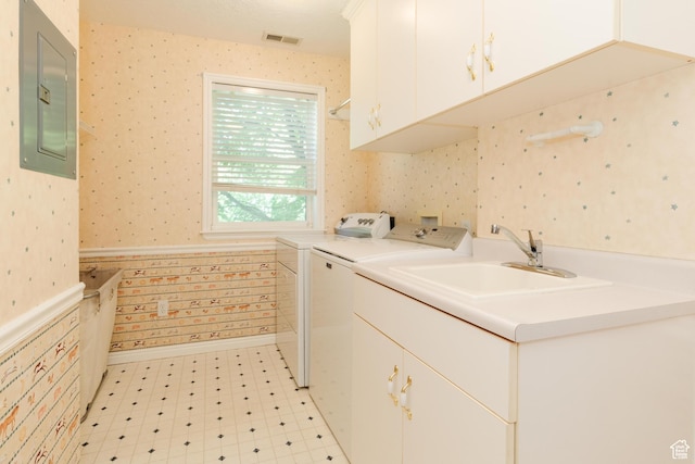 1809 E 1815 N, North Logan, UT 84341 - laundry room with electric panel, washing machine and clothes dryer, wallpapered walls, cabinet space, and light flooring