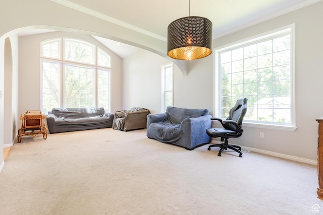 1809 E 1815 N, North Logan, UT 84341 - carpeted living area featuring arched walkways, crown molding, baseboards, and lofted ceiling