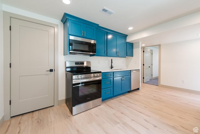 286 E 870 N, Logan, UT 84321 - kitchen with stainless steel appliances, blue cabinets, light wood-style floors, a sink, and recessed lighting