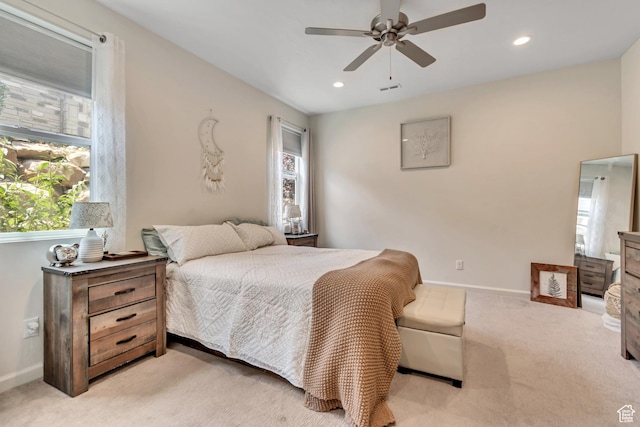 2103 N Elderberry Dr W Unit 222, Saratoga Springs, UT 84045 - bedroom with light colored carpet, baseboards, recessed lighting, and a ceiling fan