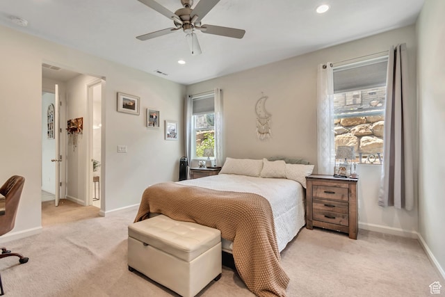 2103 N Elderberry Dr W Unit 222, Saratoga Springs, UT 84045 - bedroom featuring light carpet, baseboards, recessed lighting, and ceiling fan