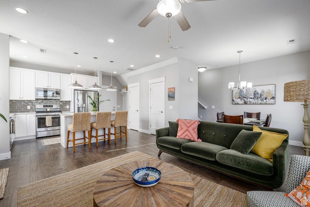 261 E Sage Canal Way, Sandy, UT 84070 - living room featuring a chandelier, baseboards, recessed lighting, dark wood finished floors, and ceiling fan