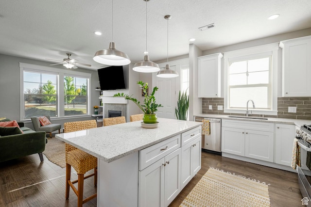 261 E Sage Canal Way, Sandy, UT 84070 - kitchen with stainless steel appliances, a sink, open floor plan, decorative backsplash, and recessed lighting