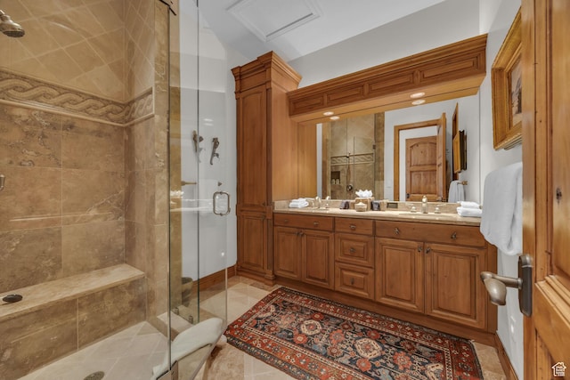 9968 Summit View Dr, Heber City, UT 84032 - bathroom featuring a stall shower, double vanity, and lofted ceiling