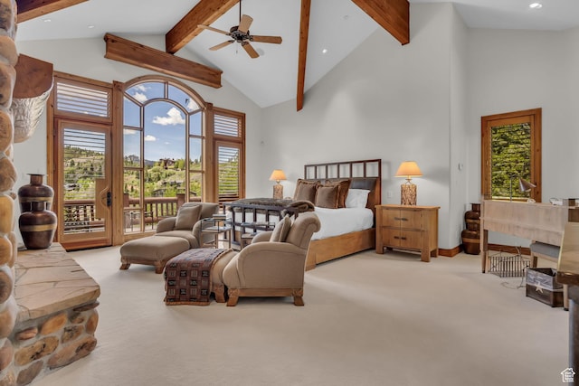 9968 Summit View Dr, Heber City, UT 84032 - bedroom with carpet, access to exterior, beamed ceiling, multiple windows, and high vaulted ceiling