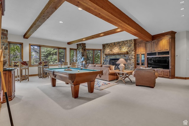 9968 Summit View Dr, Heber City, UT 84032 - playroom with recessed lighting, beamed ceiling, billiards, light colored carpet, and plenty of natural light