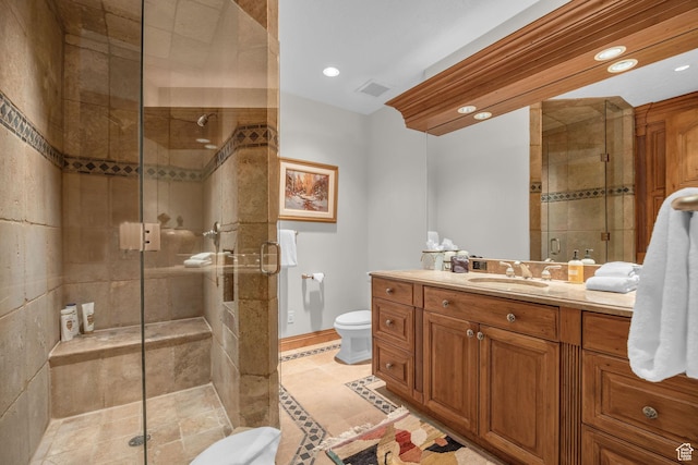 9968 Summit View Dr, Heber City, UT 84032 - full bath featuring toilet, a shower stall, vanity, recessed lighting, and tile patterned flooring