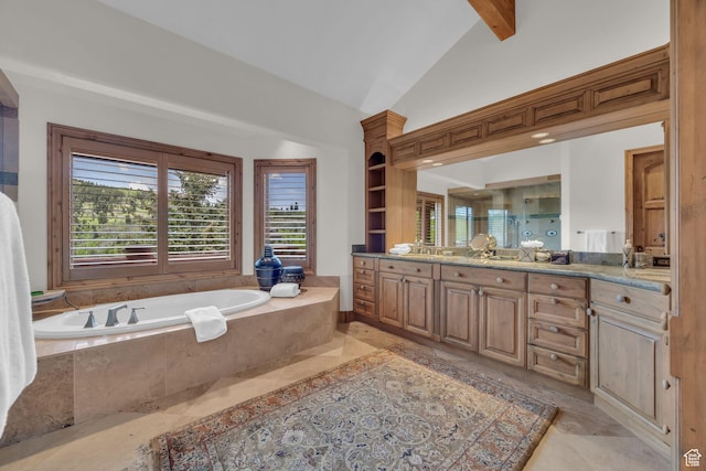 9968 Summit View Dr, Heber City, UT 84032 - bathroom featuring vanity, a bath, a stall shower, high vaulted ceiling, and beam ceiling