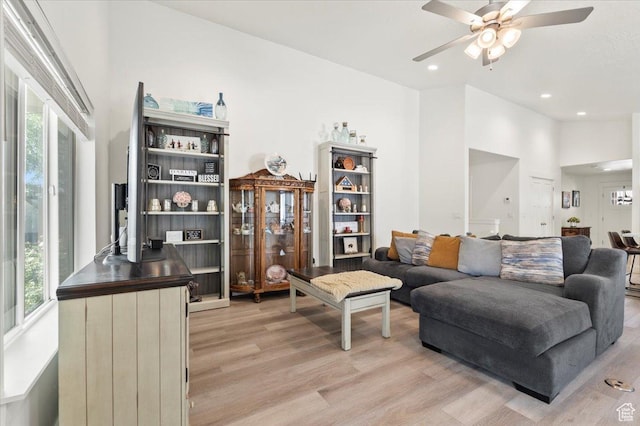 116 E 970 N, Santaquin, UT 84655 - living area featuring light wood finished floors, ceiling fan, and recessed lighting