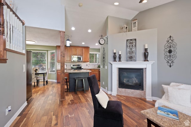 468 E Brewster, Draper, UT 84020 - living area with high vaulted ceiling, wood finished floors, healthy amount of natural light, baseboards, and a glass covered fireplace