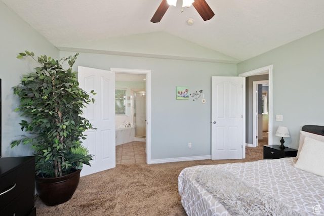 468 E Brewster, Draper, UT 84020 - carpeted bedroom featuring vaulted ceiling, baseboards, a ceiling fan, and ensuite bath