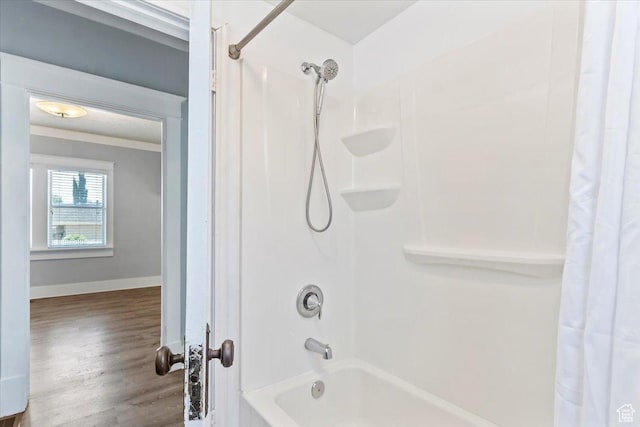 106 N 400 E, Kaysville, UT 84037 - full bathroom with shower / tub combo with curtain, wood finished floors, and ornamental molding