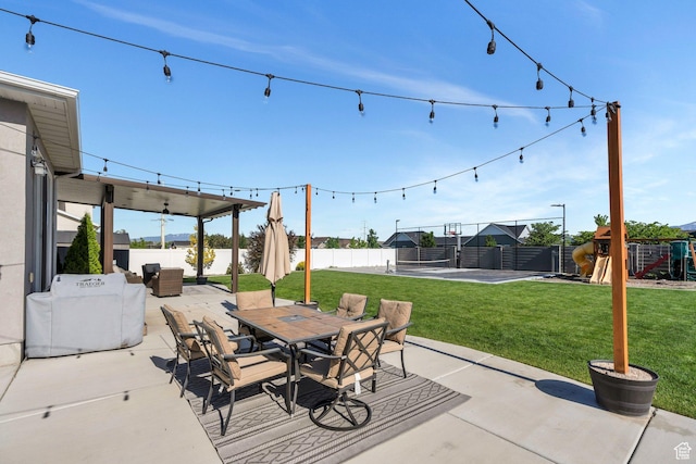 162 W 350 N, Vineyard, UT 84059 - view of patio / terrace with a playground, a water view, and outdoor dining space