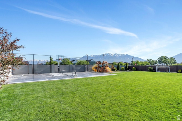 162 W 350 N, Vineyard, UT 84059 - view of yard with a playground, a mountain view, and basketball hoop