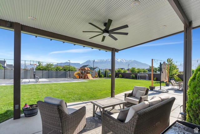 162 W 350 N, Vineyard, UT 84059 - view of patio with a playground, a mountain view, a ceiling fan, and outdoor lounge area