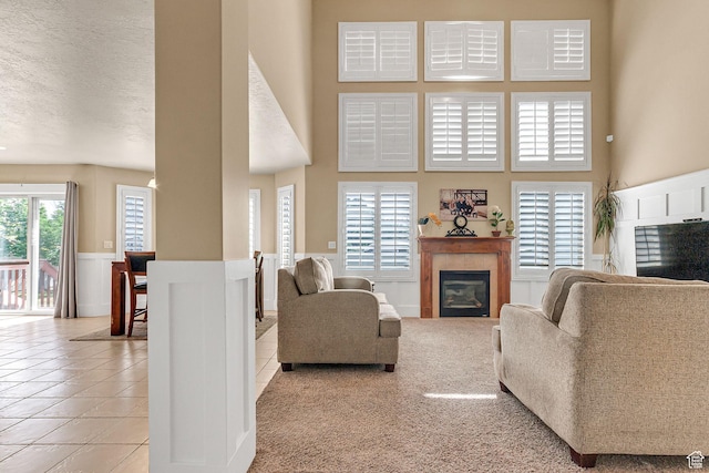 2733 S 1415 W, Syracuse, UT 84075 - living room with a high ceiling, a glass covered fireplace, a wainscoted wall, tile patterned floors, and a textured ceiling
