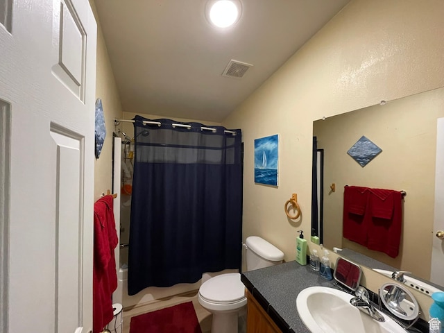 870 S 100 E, Wellington, UT 84542 - full bathroom with toilet, vanity, shower / bath combo, lofted ceiling, and tile patterned flooring