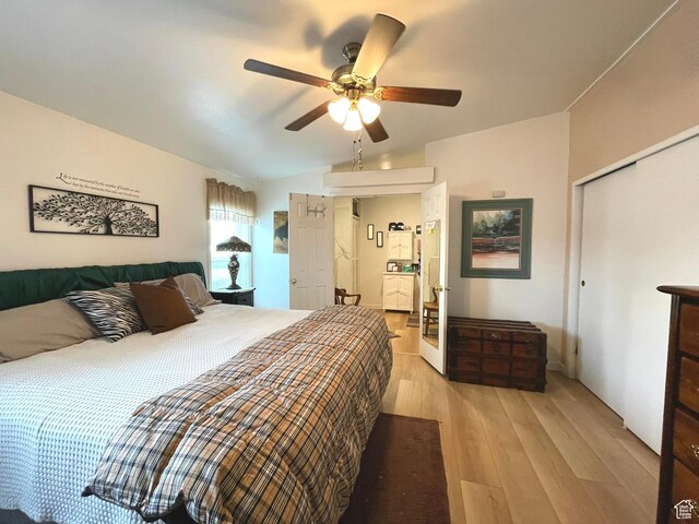 870 S 100 E, Wellington, UT 84542 - bedroom featuring light wood-type flooring, a closet, a ceiling fan, and lofted ceiling