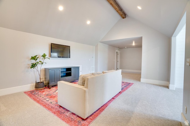 500 W Cascade Pkwy, Midway, UT 84049 - living area featuring beam ceiling, light carpet, recessed lighting, baseboards, and high vaulted ceiling