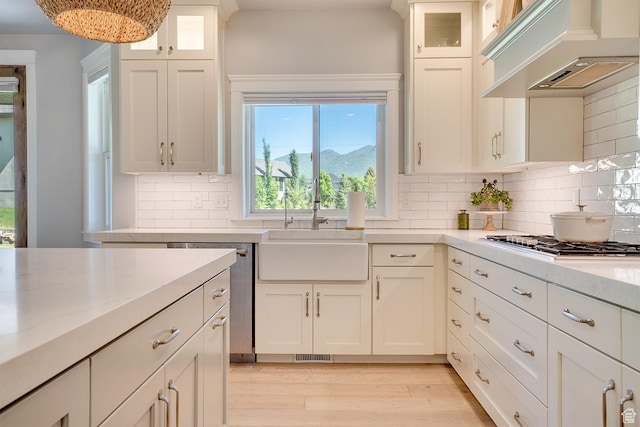 500 W Cascade Pkwy, Midway, UT 84049 - kitchen featuring premium range hood, a sink, gas cooktop, stainless steel dishwasher, and light wood finished floors