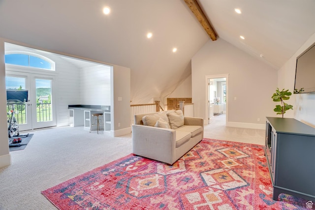 500 W Cascade Pkwy, Midway, UT 84049 - living area featuring light colored carpet, beam ceiling, recessed lighting, high vaulted ceiling, and french doors