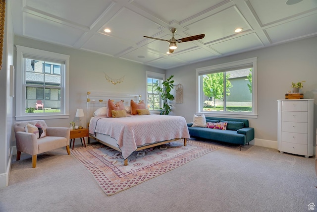 500 W Cascade Pkwy, Midway, UT 84049 - carpeted bedroom featuring coffered ceiling, recessed lighting, baseboards, ceiling fan, and beam ceiling
