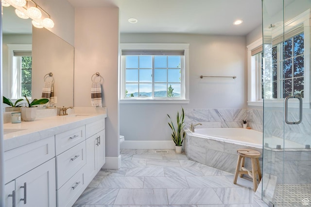 500 W Cascade Pkwy, Midway, UT 84049 - full bath with double vanity, a garden tub, toilet, marble look tile flooring, and a shower stall