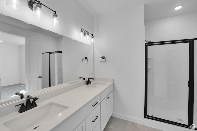 1162 N 375th St W Unit 22, Harrisville, UT 84404 - full bath with a stall shower, double vanity, baseboards, recessed lighting, and tile patterned floors