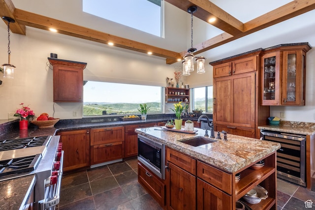 1960 Grandview Loop Unit 41, Kamas, UT 84036 - kitchen featuring open shelves, wine cooler, stainless steel appliances, a sink, and dark stone countertops