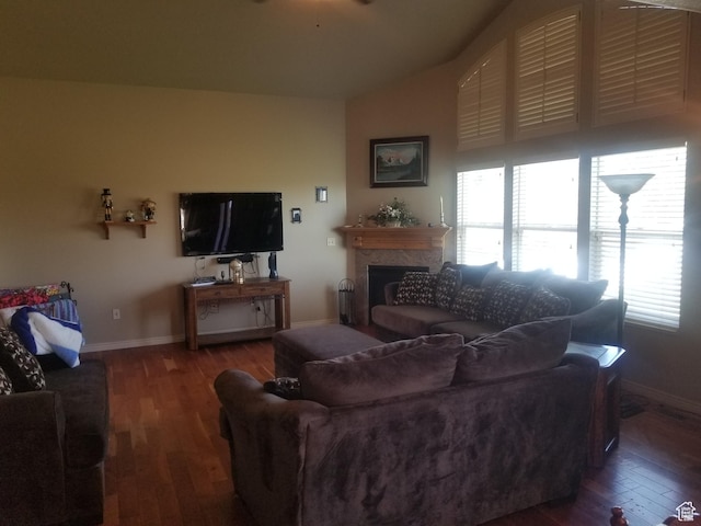 4895 W 5000 S, Hooper, UT 84315 - living area featuring wood finished floors, lofted ceiling, baseboards, and a fireplace